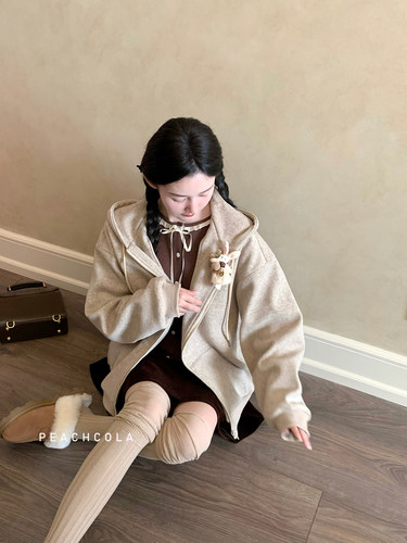 桃可了◆《捞月亮的猫》长袖连帽加绒卫衣外套针织休闲裤套装秋冬