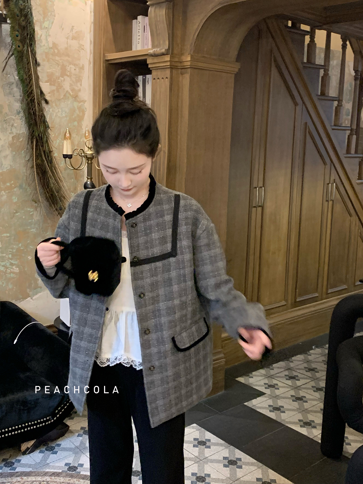 桃可了◆《星星收集站》羊毛小香风灰色格纹毛呢外套女小个子秋季