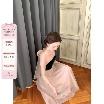 桃可了《白桃仙境》蝴蝶结针织拼接连衣裙女薄款轻盈纱收腰长裙子