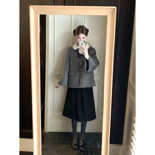高腰羊毛百褶裙套装 娃娃领加厚双面呢外套女 学院小斗篷 桃可了