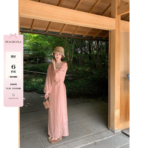 桃可了 樱落雪纱 度假细闪光泽气质宽松绑带连衣裙高腰印花长裙女