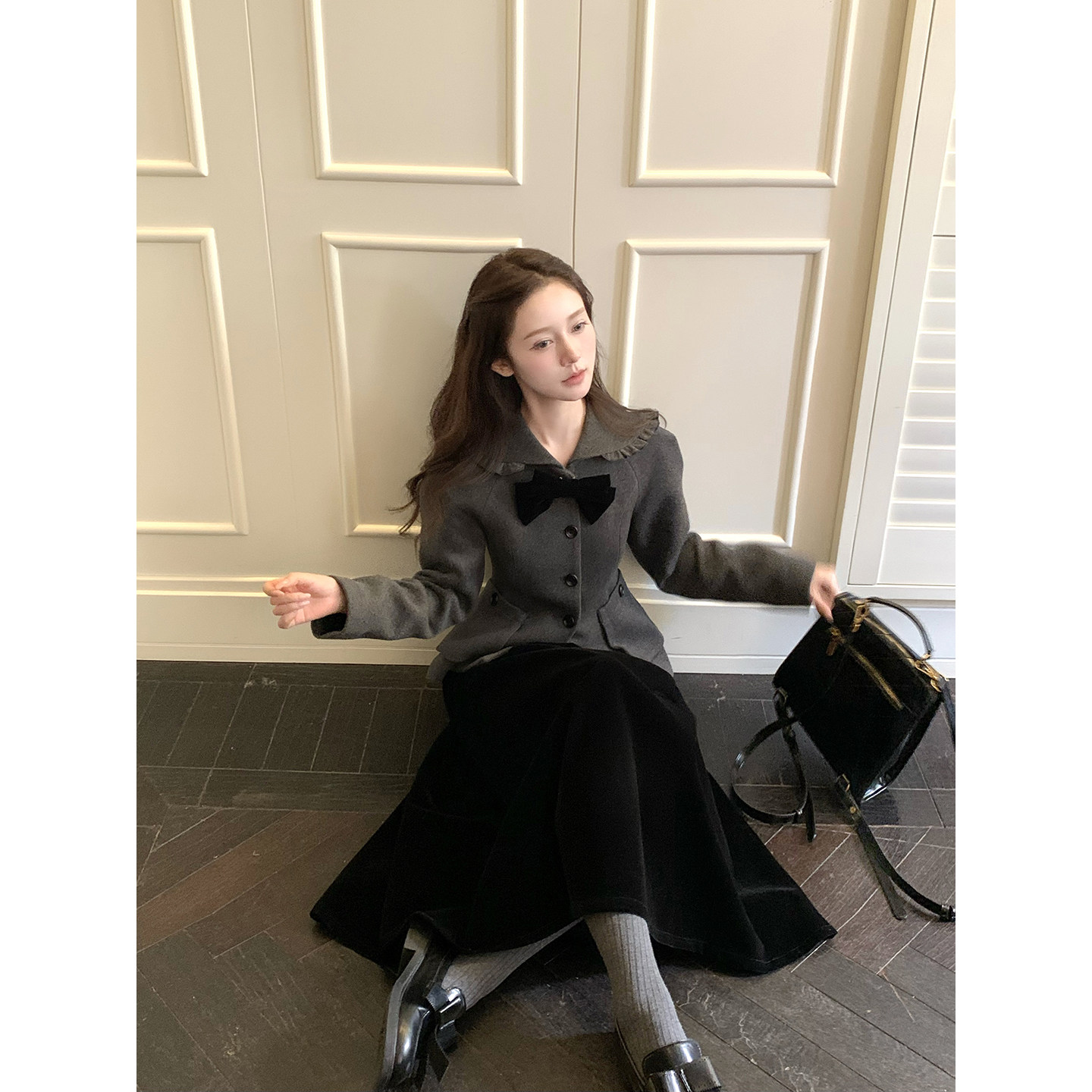 桃可了 冬日恋曲 特殊立裁工艺收腰显瘦加厚毛呢学院外套女冬季