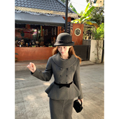 桃可了 女冬 直筒高腰开叉半裙套装 冬至未尽 收腰下摆毛呢外套