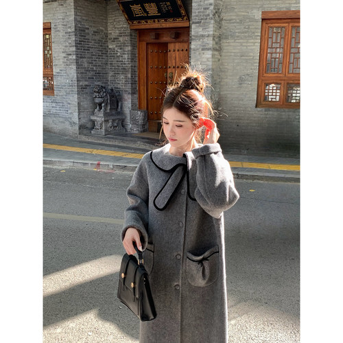桃可了  灰耳兔 桑蚕丝中长款宽松加厚羊毛双面呢毛呢大衣女冬季