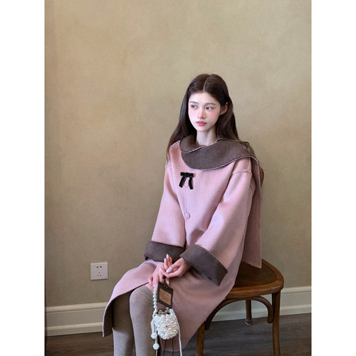 桃可了 祢豆子 舞蹈生艺术设计感加厚中长款小个子羊毛呢大衣女冬