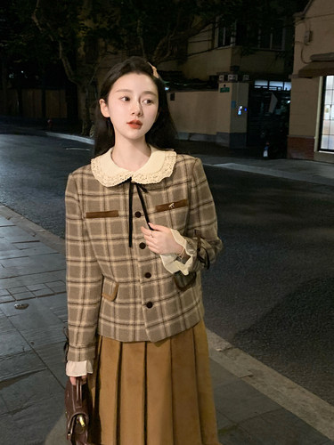 【清仓福利 限时7折】《棕耳兔》格子毛质外套+a字半身裙套装女