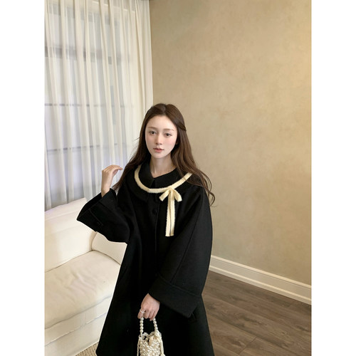 桃可了 冬日装 毛绒蝴蝶结系带黑色羊毛双面呢女毛呢大衣外套冬季