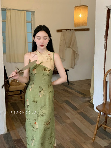 漏肩新中式旗袍改良连衣裙女