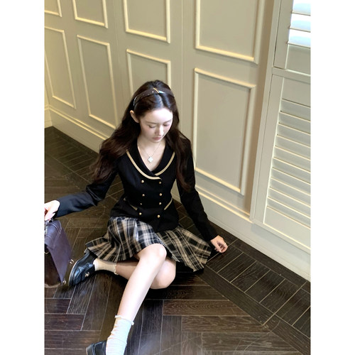 桃可了 藤色町 版型超绝小廓形西装外套女秋百搭高腰百褶短裙套装