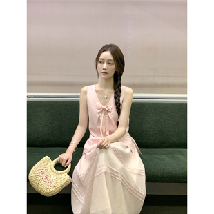 半裙套装 桃可了 上衣女夏季 粉雾圆舞曲 素粉柔美亚麻V领甜美无袖