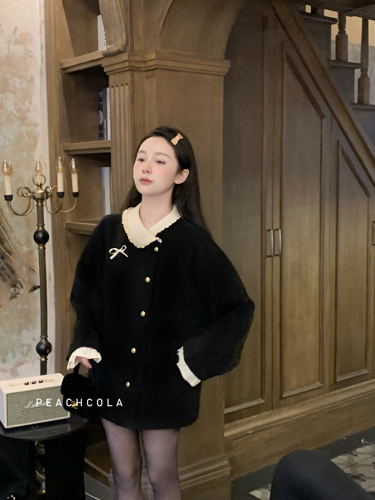 桃可了◆《黑醋栗》华夫格领羊毛毛呢外套女小个子秋季香风大衣