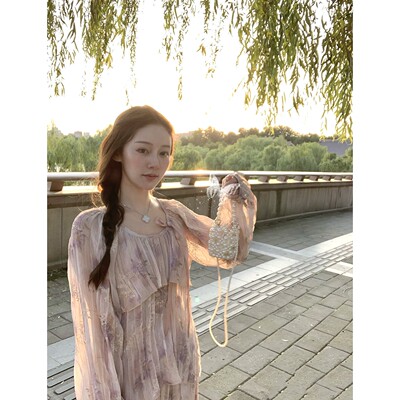 桃可了《橘野昭和》油画烫金刺绣褶皱长袖上衣轻薄透气中长半身裙