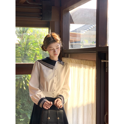 桃可了 舵间晨雾 不对称海军领甜美外套上衣+高腰百褶半裙套装女