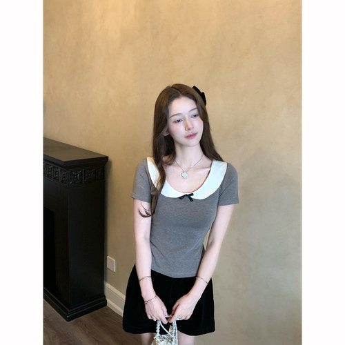 桃可了《双子星》娃娃领可爱简约蝴蝶结针织收腰显瘦短袖T恤女