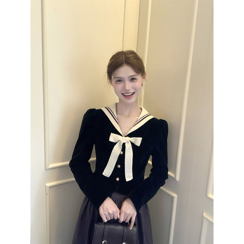 桃可了 少女映画馆 丝绒海军领百搭外套上衣女+高腰半身裙套装