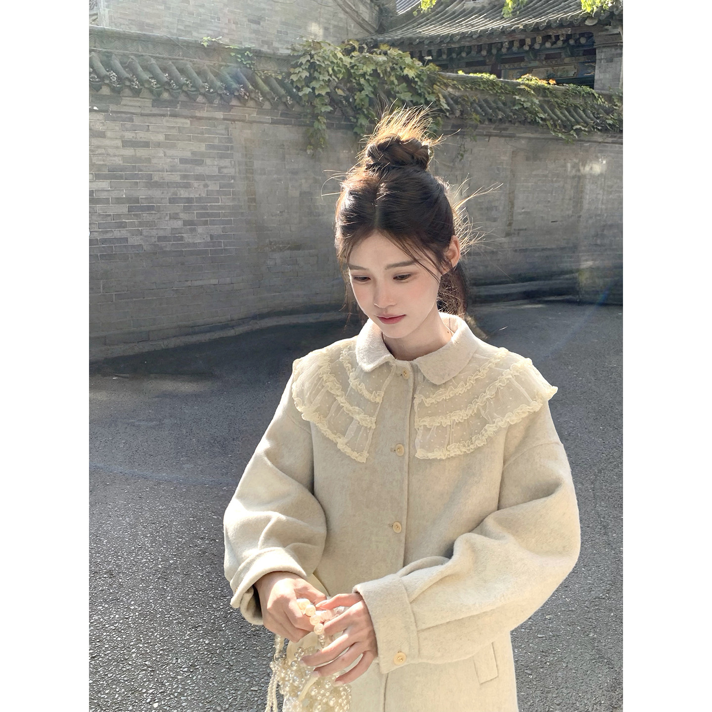 桃可了 浅蓝月光 轻盈领边中长款保暖羊毛双面呢毛呢大衣女冬季