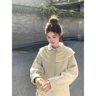 保暖羊毛双面呢毛呢大衣女冬季 轻盈领边中长款 浅蓝月光 桃可了