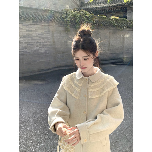 桃可了 浅蓝月光 轻盈领边中长款保暖羊毛双面呢毛呢大衣女冬季