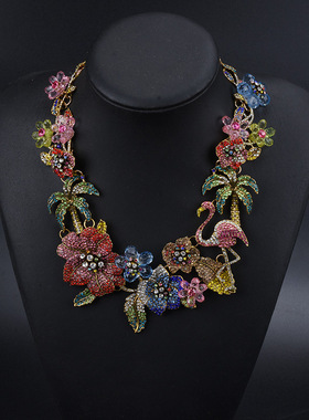 花朵气质锁骨链满钻火烈鸟项链