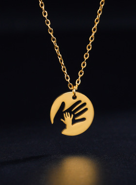 不锈钢握手圆形吊坠项链母爱项链