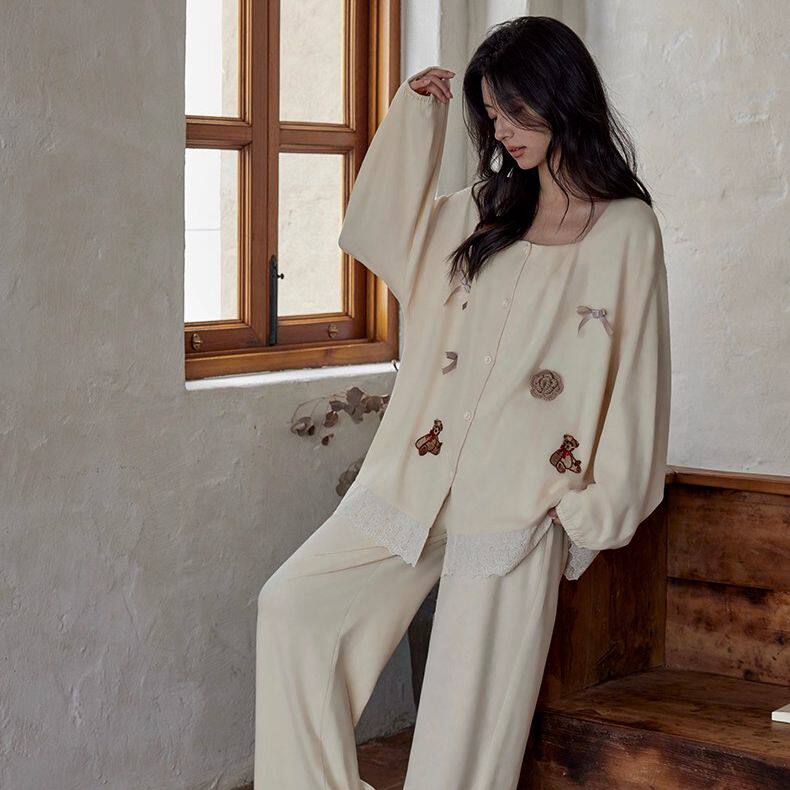 黛梦思带胸垫睡衣春秋女款纯棉长袖家居服秋冬季可外穿高级感套装