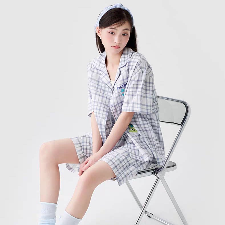 黛梦思7A抗菌莱赛尔睡衣女夏季浅蓝格子短袖短裤家居服可外穿套装