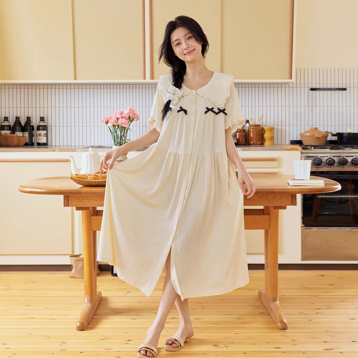 黛梦思甜美睡裙女夏季短袖娃娃领蝴蝶结家居服宽松可外穿长款睡衣