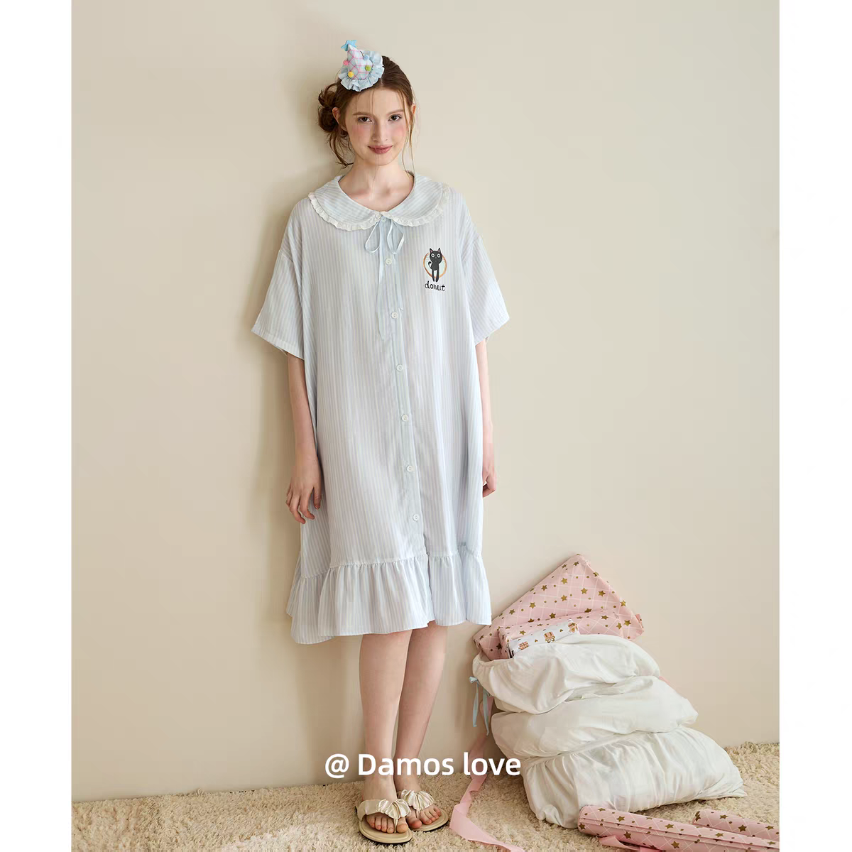 黛梦思睡裙女夏季薄款纯棉短袖少女风家居服中长款条纹娃娃领睡衣