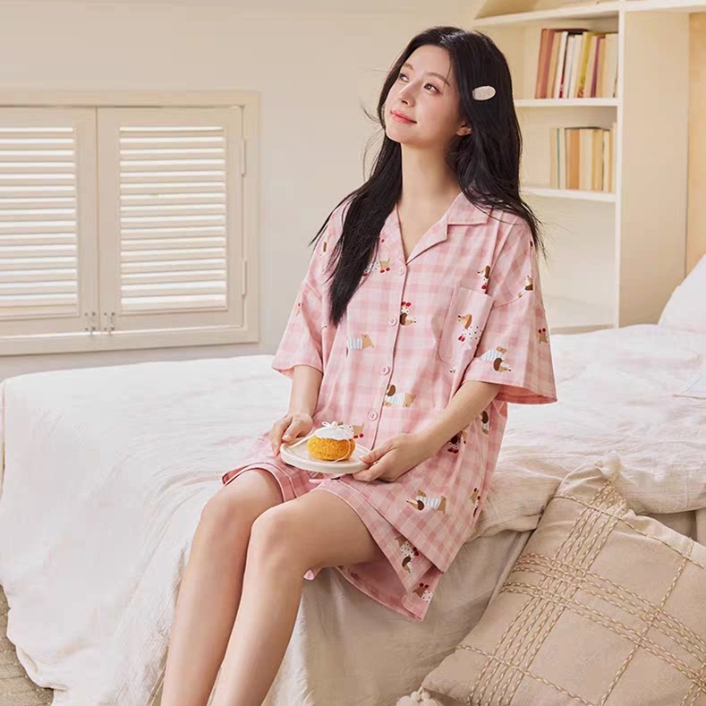黛梦思甜妹粉格睡衣女款夏季纯棉短袖短裤套装可外穿少女风家居服