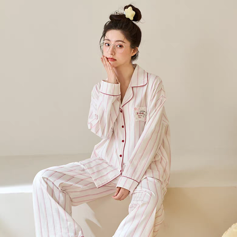 黛梦思甜美睡衣女春秋纯棉长袖家居服春季简约条纹休闲可外穿套装