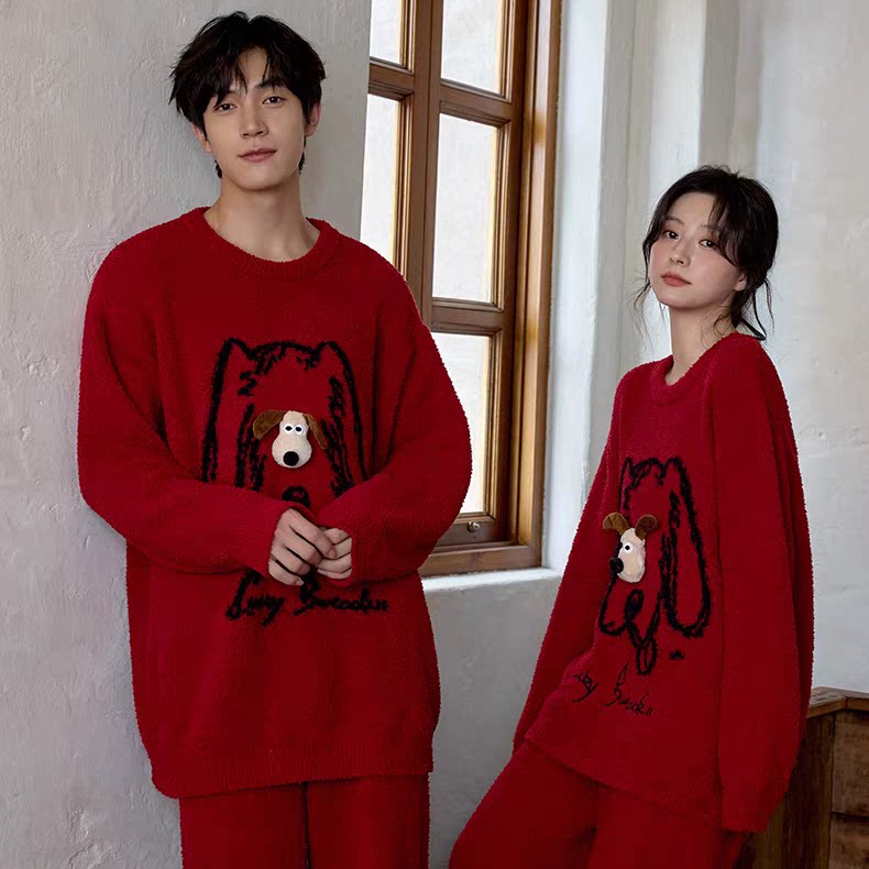 黛梦思半边绒睡衣情侣冬季加厚保暖家居服本命年红色结婚男女套装