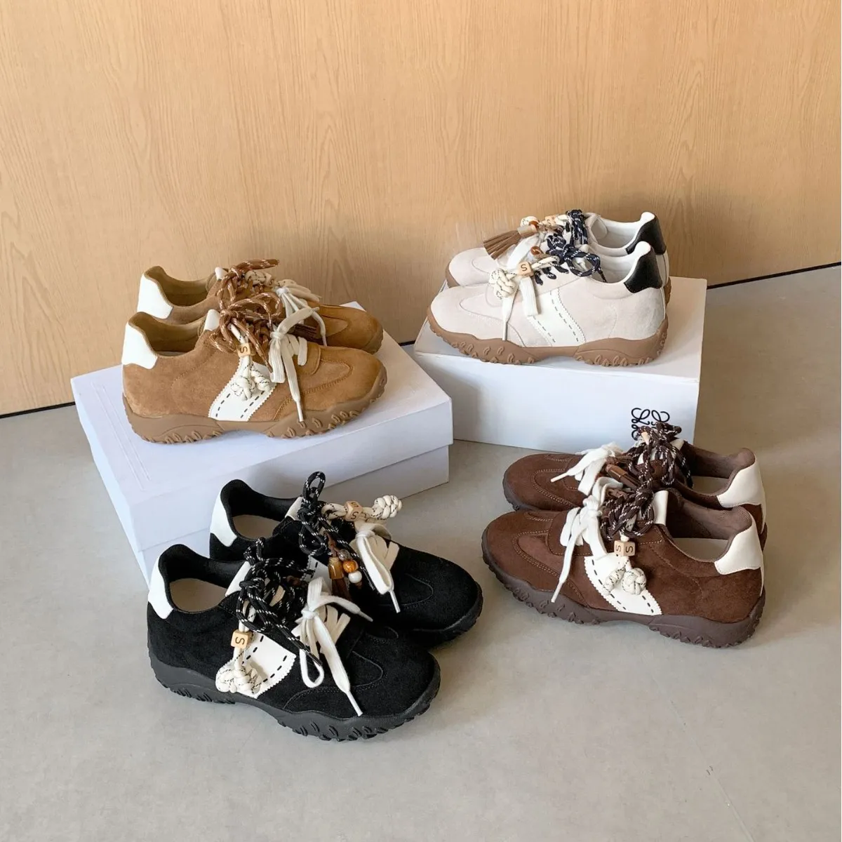 秋冬新款~8cm内增高鸳鸯鞋带厚底绒面运动休闲女德训鞋