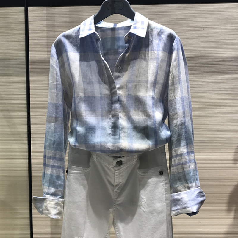 新颖哥弟特2018秋装新款正品国内代购蓝色亚麻格子长袖衬衫上衣女