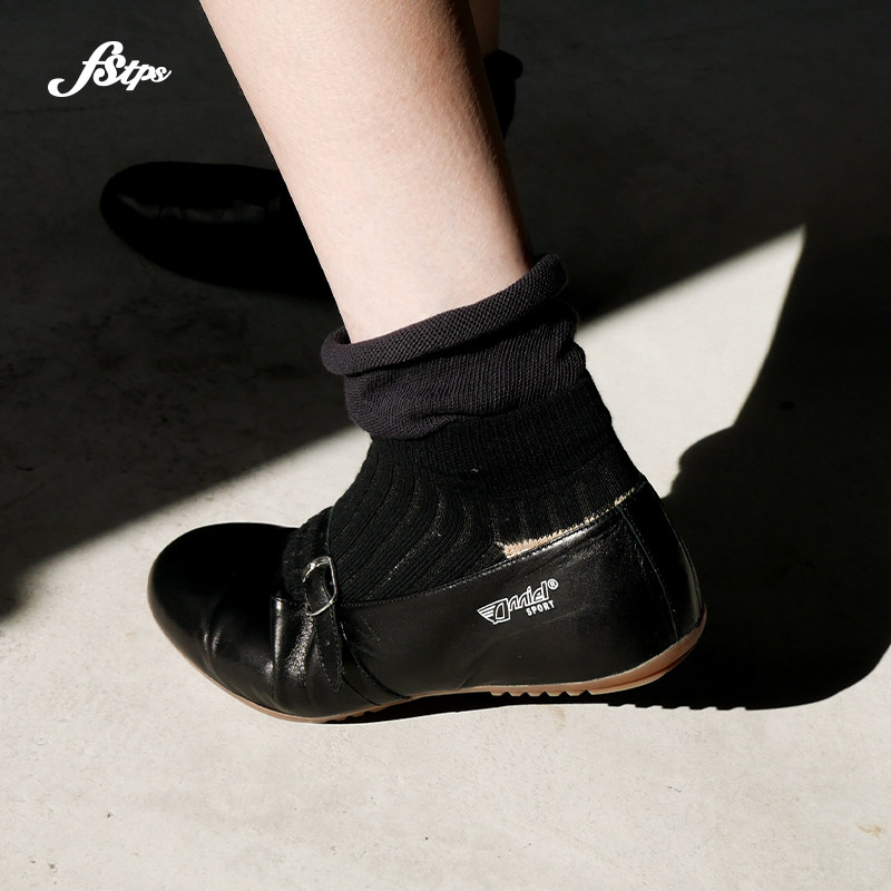 FSTPS2024新款复古纯棉堆堆袜中古vintage木耳卷边中筒袜配小皮鞋