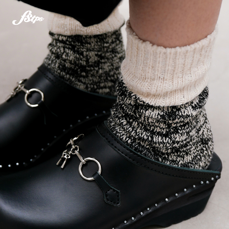 FSTPS秋冬棉袜长袜中筒袜保暖厚黑袜堆堆袜女秋冬款粗针织中筒袜