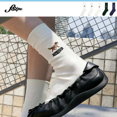 FSTPS小狗刺绣中筒袜无骨纯棉袜