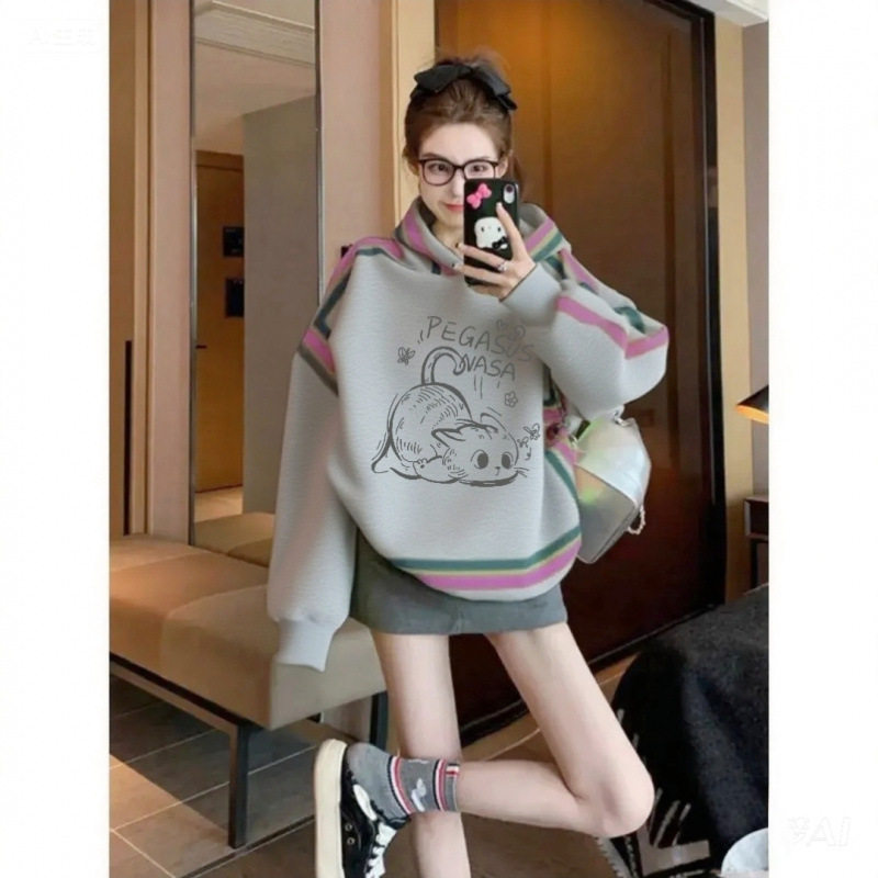 韩系连帽卫衣女春秋季2025新款冬季中长款设计感印花加绒加厚上衣