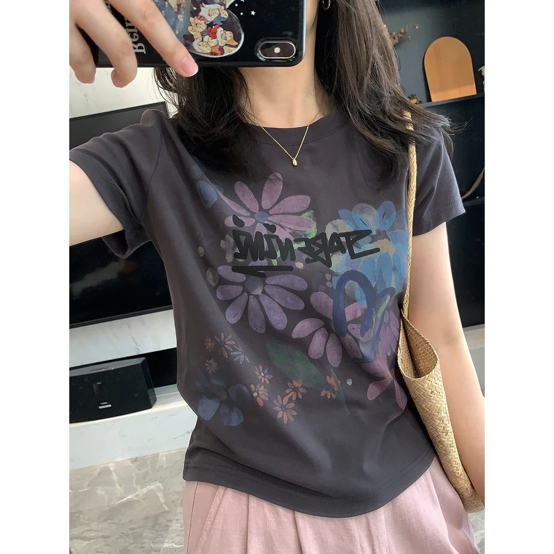 欧货夏季新款灰色爆款短袖t恤女百搭高级感花朵印花气质绝美上衣