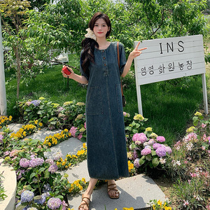 法式复古巨好看温柔风连衣裙女2025夏季新款宽松显瘦百搭牛仔长裙图片