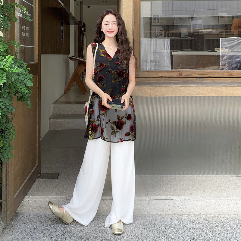 复古气质提花网纱上衣两件套女2025夏季日系新款宽松休闲裤套装潮,女装套装/套裙,2D118