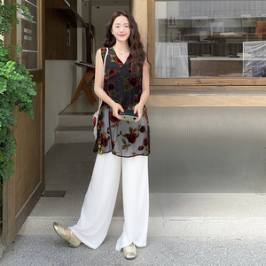 复古气质提花网纱上衣两件套女2025夏季日系新款宽松休闲裤套装潮图片