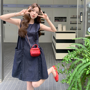 牛仔木耳边背心连衣裙女2025年夏季新款蓝色直筒休闲气质显瘦裙子图片