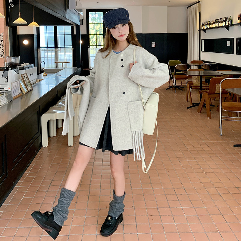 流苏口袋双面呢大衣外套女秋冬2025新款小个子独特超好看甜美大衣图片