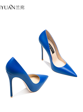 兰宛新款宝蓝色高跟鞋女细跟尖头气质范2024年秋冬单鞋12cm
