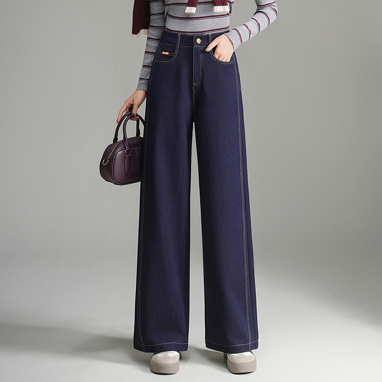 深蓝色阔腿牛仔裤女2026春款高腰垂感宽松显瘦遮肉百搭休闲长裤
