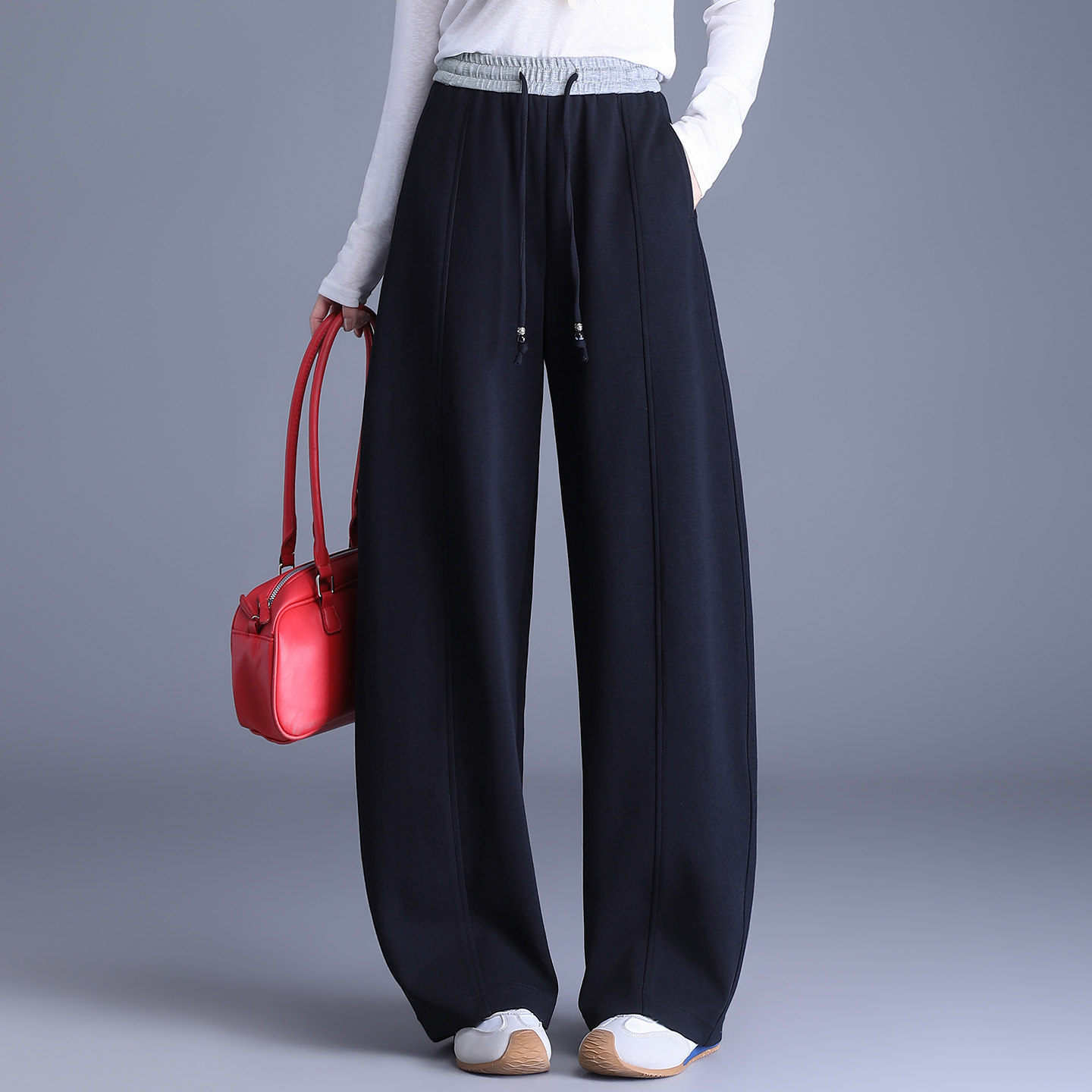 高腰系带阔腿裤女显瘦垂感休闲裤藏青色弯刀裤拼接长裤宽松直筒裤