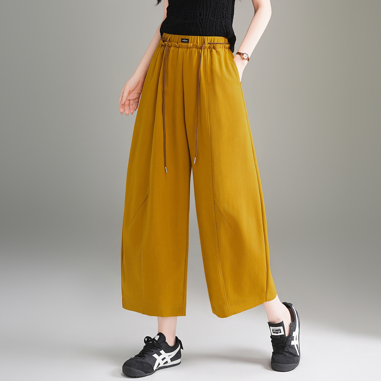 高腰系带阔腿裤女显瘦九分弯刀裤小个子松紧腰休闲裤黄色宽松直裤