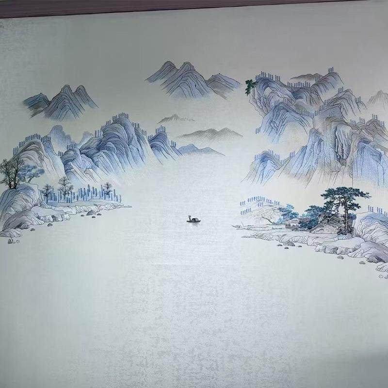 独绣刺绣无缝壁布独秀山水江山如画客厅电视背景墙布新中式言绣