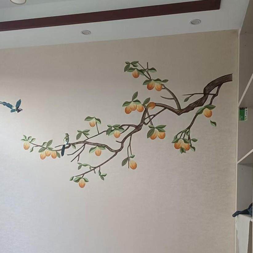 独绣刺绣无缝壁布果实累累客厅电视沙发背景墙布新中式独秀言绣