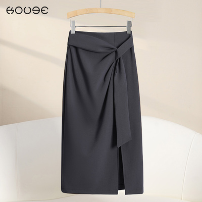 灰色西装半身裙女夏季2025新款设计感a字中长款职业开叉包臀裙子
